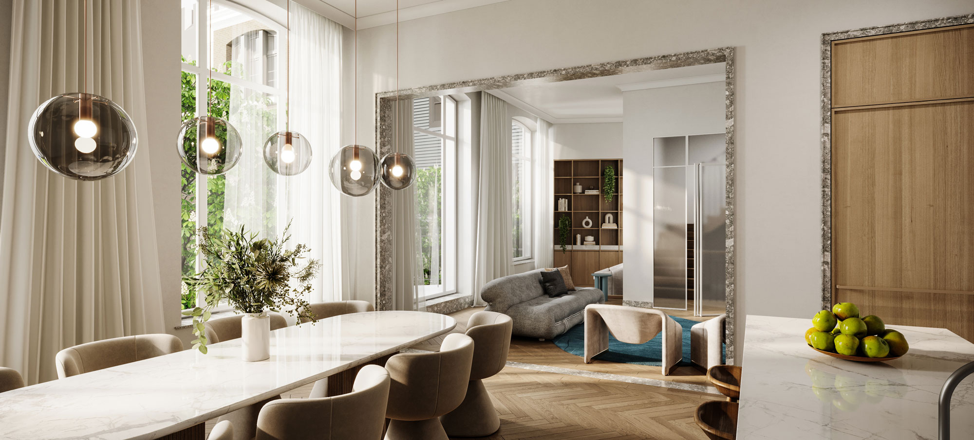 leefruimte met eetkamer en zithoek, visgraatvloer en natuursteen interieurontwerp appartementen Botanische tuin Antwerpen