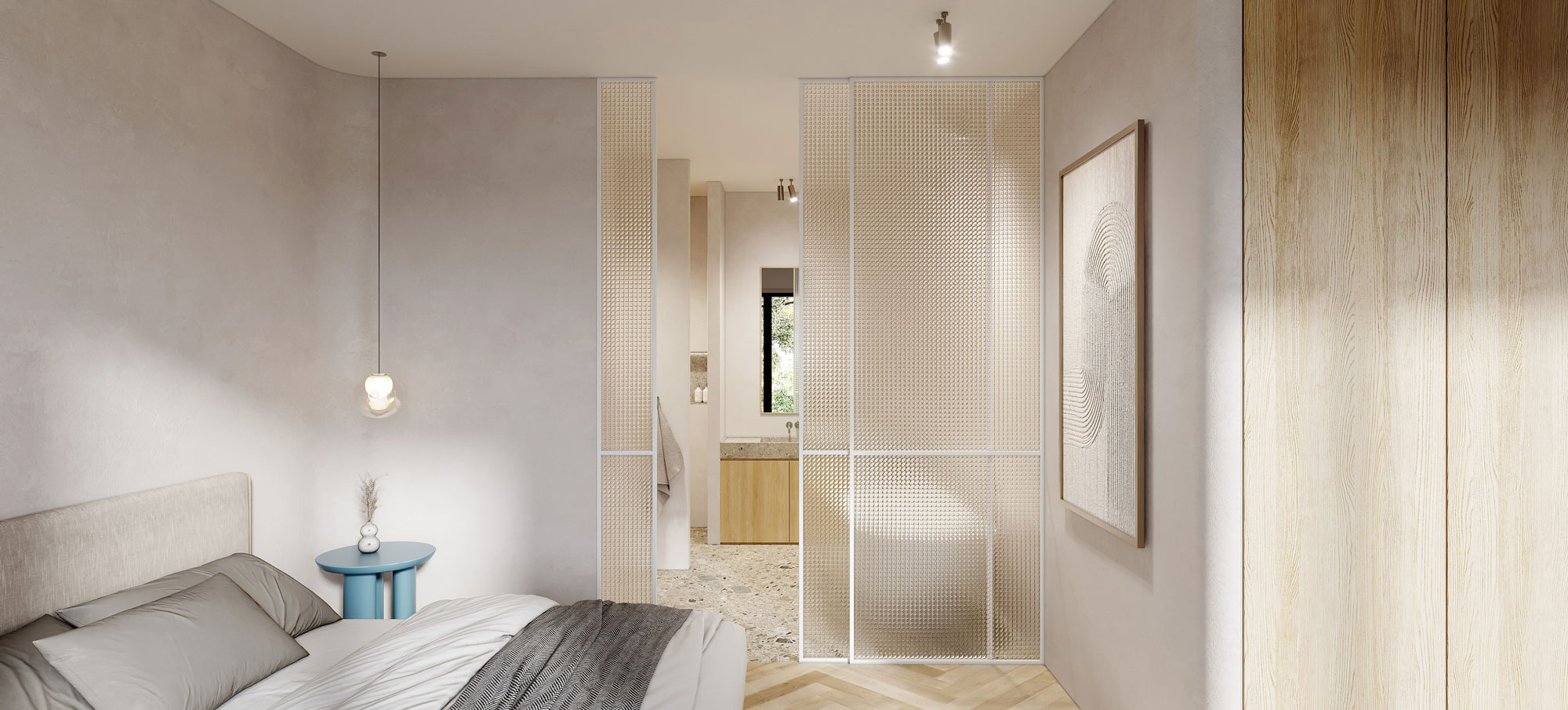 slaapkamerinrichting slaapkamer met aansluitende badkamer met bad en glazen schuifdeur interieurontwerp appartementen Botanische tuin Antwerpen