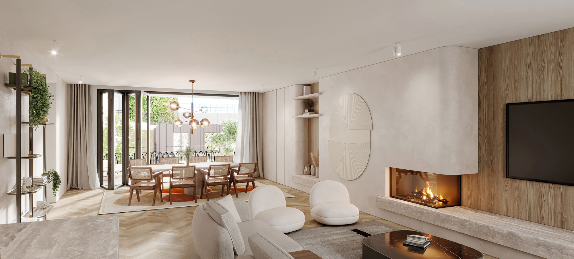 leefruimte met terras, visgraatvloer, eettafel, zetel en haard interieurontwerp appartementen Botanische tuin Antwerpen