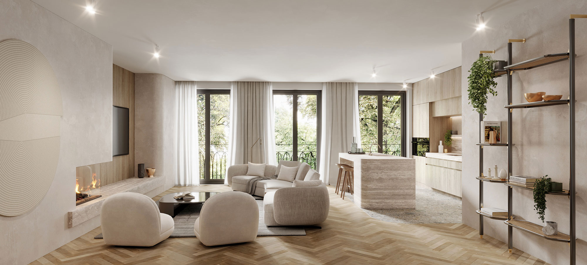 leefruimte met visgraatvloer en open keuken interieurontwerp appartementen Botanische tuin Antwerpen