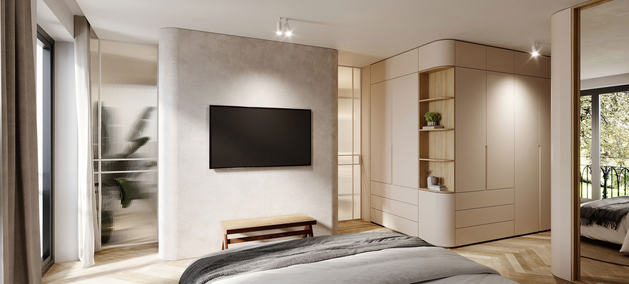 slaapkamerinrichting slaapkamer maatwerk met bed, fluted glas en visgraatvloer interieurontwerp appartementen Botanische tuin Antwerpen