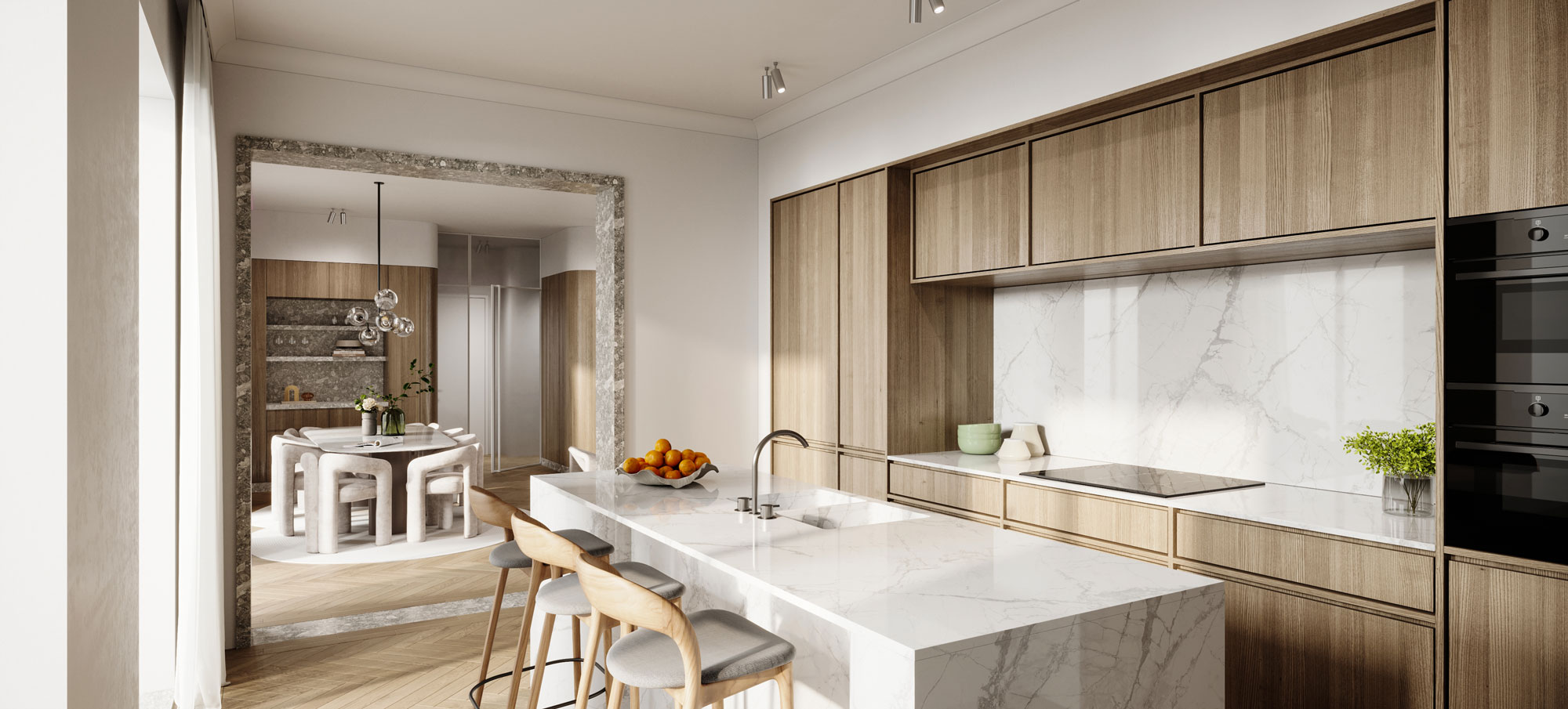 keukeninrichting eetkamer en keuken met hout, marmer en visgraatvloer interieurontwerp appartementen Botanische tuin Antwerpen
