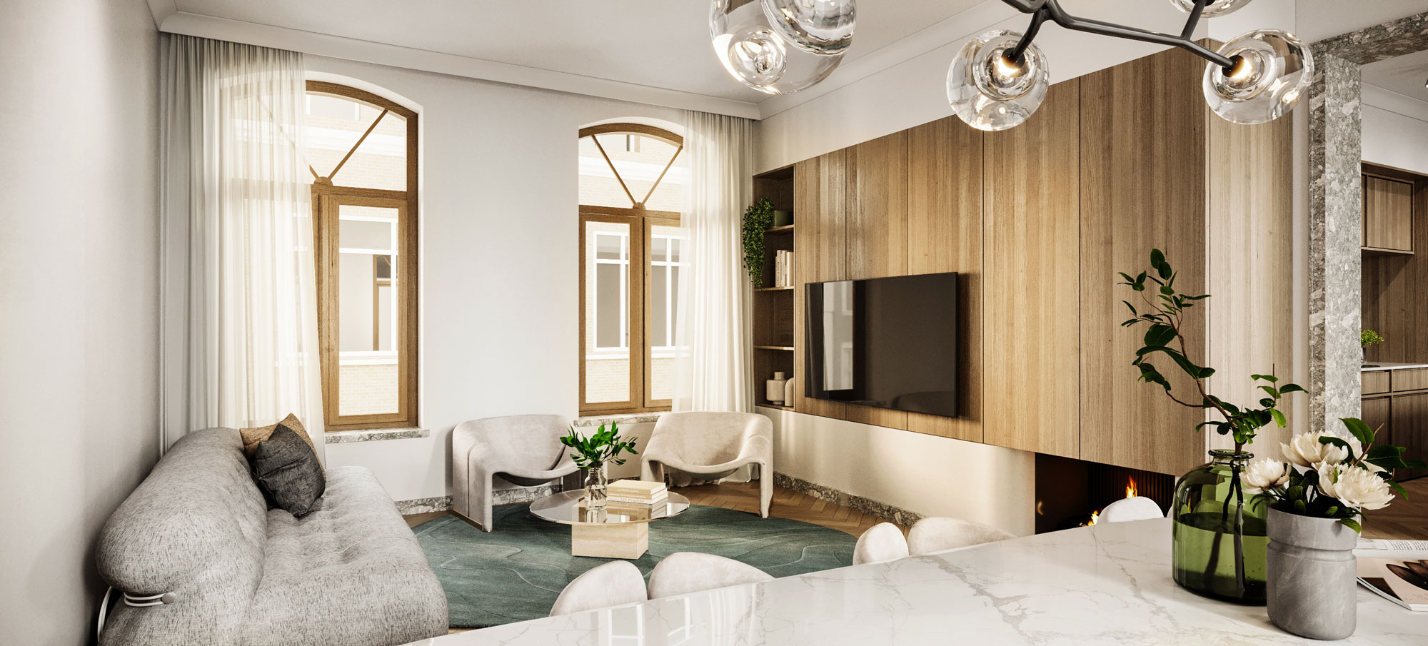 leefruimte met zetel, houten maatwerk met haard en tapijt interieurontwerp appartementen Botanische tuin Antwerpen